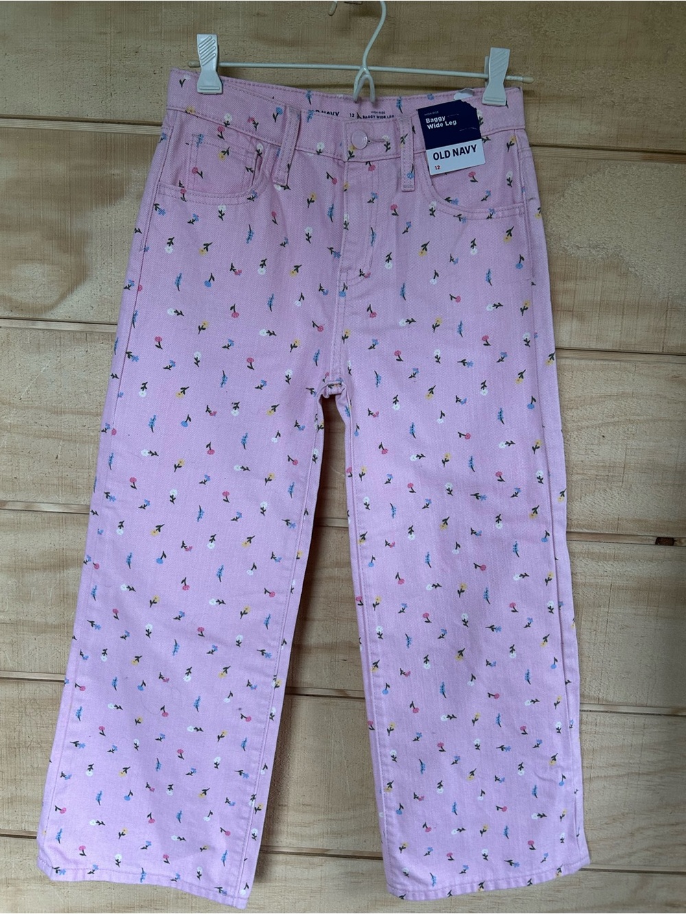 Old Navy Pink Mini Floral Baggy Wide-Leg Jeans Girls Size 12